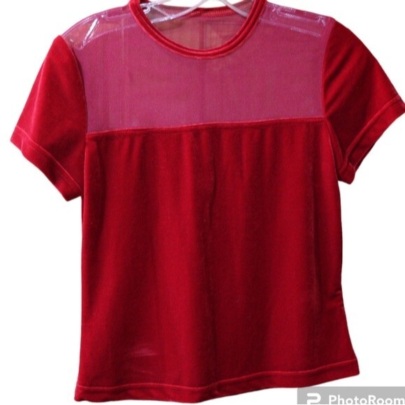La Belle Red Mesh Velour Baby Tee Vintage USA Short Sleeve Fitted Top Medium - Picture 1 of 8